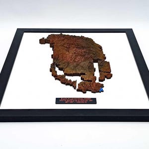 May include: A framed 3D map of the Black Hills National Forest in South Dakota and Wyoming, USA. The map is brown and tan, with a blue accent. The frame is black, and the map is set against a white background.