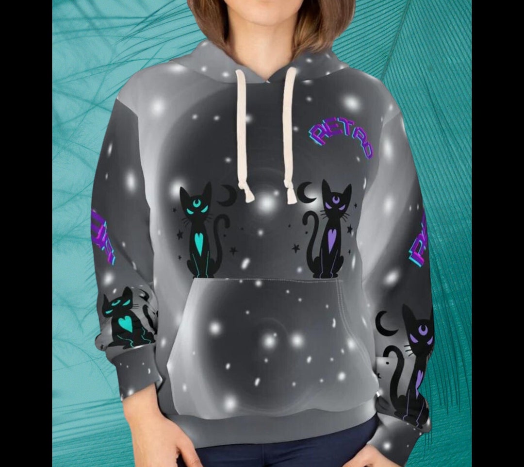 Black Cat Retro Hoodie Black Siamese Cat Hoodie All Over Etsy