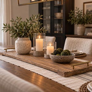 Peut inclure: Un long plateau rectangulaire en bois avec des poignées en métal doré contenant un vase en céramique mouchetée avec du feuillage vert, deux bougies blanches dans des cylindres en verre sur socles en pierre et un bol en céramique mouchetée.