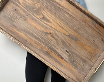 Oversized ottoman tray with gold handles, Rustic wood tray, Living room tray, Decorative serving tray, Large wooden, Housewarming gift