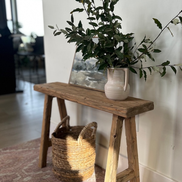 Panca da ingresso in legno invecchiato realizzata a mano, arredamento rustico primitivo (30x20x7,25)