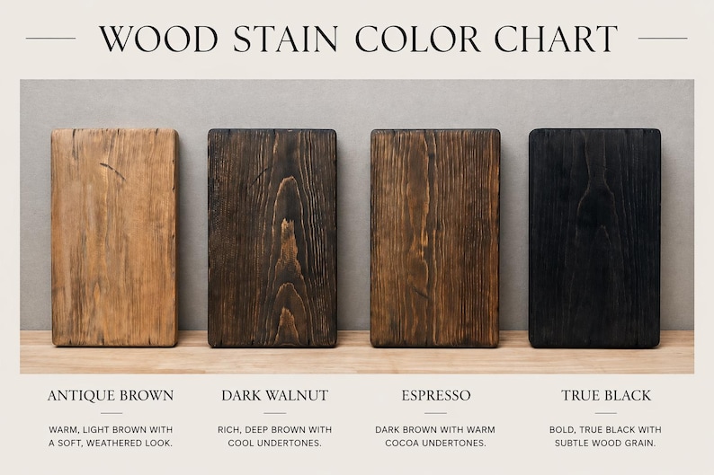 Puede incluir: Carta de colores de tinte para madera con cuatro muestras de madera rectangulares. Los colores incluyen marr&oacute;n antiguo, nogal oscuro, espresso y negro puro. Cada muestra est&aacute; etiquetada con una descripci&oacute;n del color y la veta de la madera.