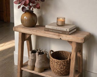 Shoe Storage Shelf Bench, Weathered Wood bench with shelf underneath, Small bench for narrow entry, Rustic distressed bench, Farmhouse bench