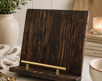 Rustic Wooden Cookbook Holder | Farmhouse Recipe Stand | Distressed Kitchen Counter Display | Handmade Recipe Book Stand