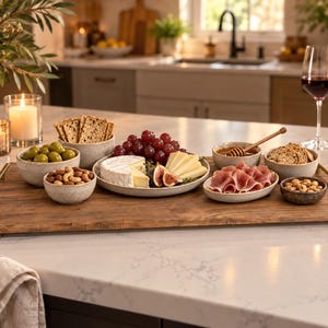 May include: A rectangular wooden serving tray with gold-toned metal handles, holding an assortment of ceramic bowls filled with green olives, nuts, crackers, honey with a dipper, and prosciutto, alongside a plate of cheese, grapes, and figs.