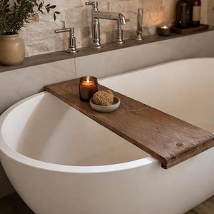 May include: A white oval bathtub with a wooden bath tray holding a lit candle and a small sponge on a ceramic dish. The bathroom features a chrome faucet and a stone tile wall.