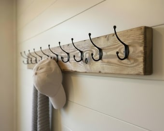 Rustic Wood Coat Rack with Hooks | Farmhouse Wall Hook Rack | Entryway Organizer | Distressed Pine Coat Rack | Mudroom Wall Hooks | Handmade