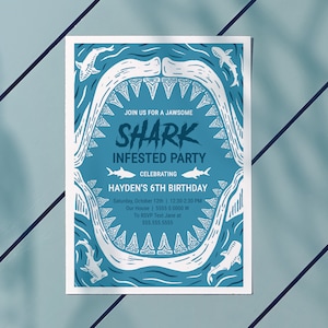 Shark Invitation, Shark Birthday Invitation, Shark Bite Invitation, Shark Themed Invitation Template,  5&quot; x 7&quot;, INSTANT DIGITAL DOWNLOAD