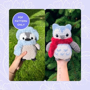 May include: PDF pattern for crocheting a blue penguin and a blue owl with a red scarf. The pattern is available for download.