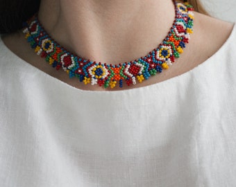 Ethnic style necklace, colorful Silyanka, Traditional Ukrainian bead sylyanka, Folk Ukrainian handmade necklace