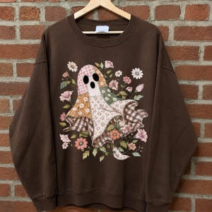Patchwork Floral Ghost Sweatshirt, Gingham Pattern Ghost Shirt, Autumn Flowers, Fall Spooky Season Crewneck