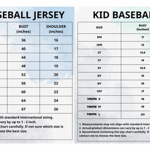 Puede incluir: Tablas de tallas detalladas para camisetas de b&eacute;isbol para adultos y ni&ntilde;os. La tabla para adultos incluye tallas de la S a la 6XL, con medidas en pulgadas para largo, pecho y hombros. La tabla para ni&ntilde;os enumera tallas de 6M a Youth L, tambi&eacute;n en pulgadas.