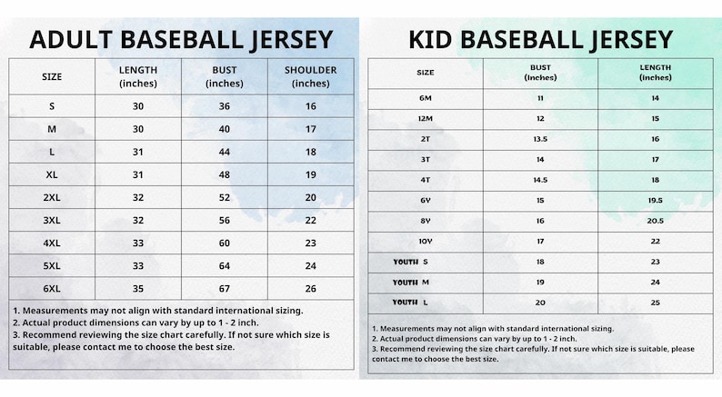 Puede incluir: Tablas de tallas detalladas para camisetas de b&eacute;isbol para adultos y ni&ntilde;os. La tabla para adultos incluye tallas de la S a la 6XL, con medidas en pulgadas para largo, pecho y hombros. La tabla para ni&ntilde;os enumera tallas de 6M a Youth L, tambi&eacute;n en pulgadas.