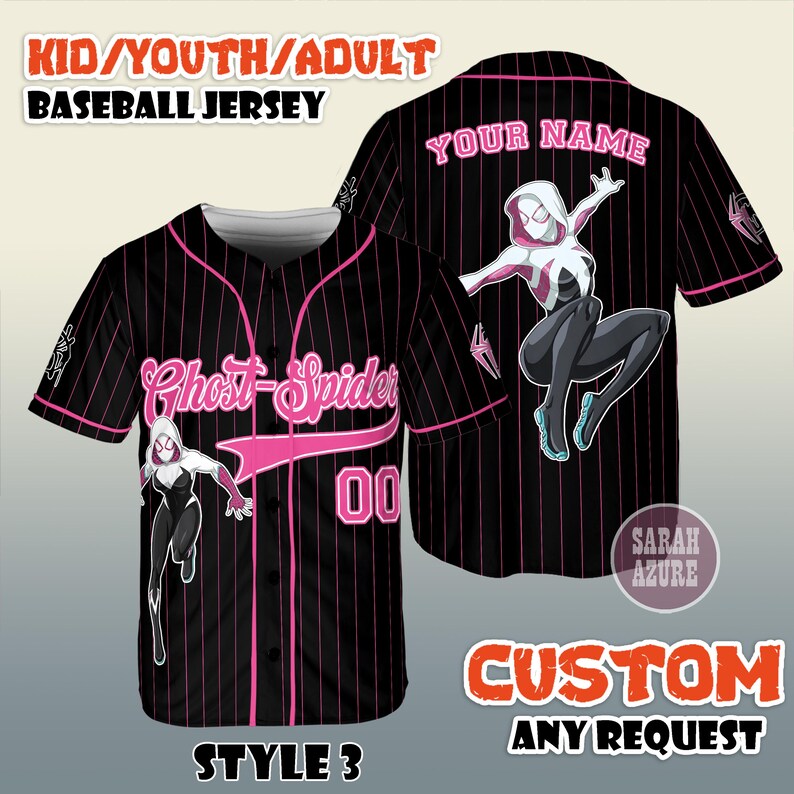 May include: Black baseball jersey with pink pinstripes, featuring a Ghost-Spider graphic. The jersey has the text "Ghost-Spider" and the number "00" on the front. The back of the jersey has a Ghost-Spider graphic and the text "YOUR NAME".