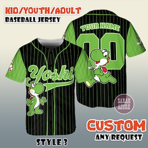 May include: Black and green baseball jersey with the name "Yoshi" in green script. The jersey has black vertical stripes and green sleeves. The back of the jersey has the text "YOUR NAME" and the number "00". The jersey is labeled "STYLE 3".