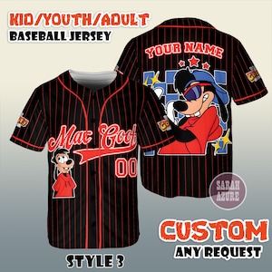 May include: Black baseball jersey with red pinstripes and a cartoon character graphic. The jersey has the text "Mac Good" and the number "00" on the front. The back of the jersey has the text "YOUR NAME" and stars. The jersey is labeled "KID/YOUTH/ADULT BASEBALL JERSEY".