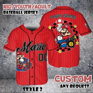 May include: Red baseball jersey with black pinstripes, featuring Mario graphics. The front displays "Mario" and the number "00". The back has a Mario character design and space for a custom name. The text "KID/YOUTH/ADULT BASEBALL JERSEY" is at the top.