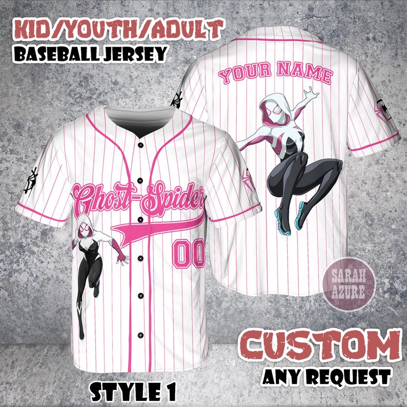 May include: White baseball jersey with pink pinstripes, featuring a Ghost-Spider graphic and the text "Ghost-Spider" and "00". The jersey includes the text "KID/YOUTH/ADULT BASEBALL JERSEY", "YOUR NAME", "CUSTOM ANY REQUEST", and "STYLE 1".
