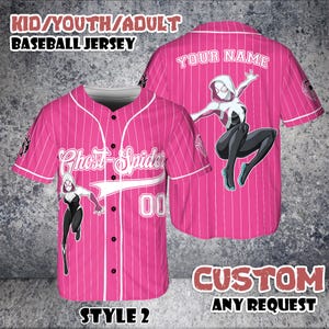 May include: Pink baseball jersey with white pinstripes, featuring a Ghost-Spider graphic. The front displays "Ghost-Spider" and the number "00". The back has a large graphic and space for a name. The text "KID/YOUTH/ADULT BASEBALL JERSEY" is at the top.