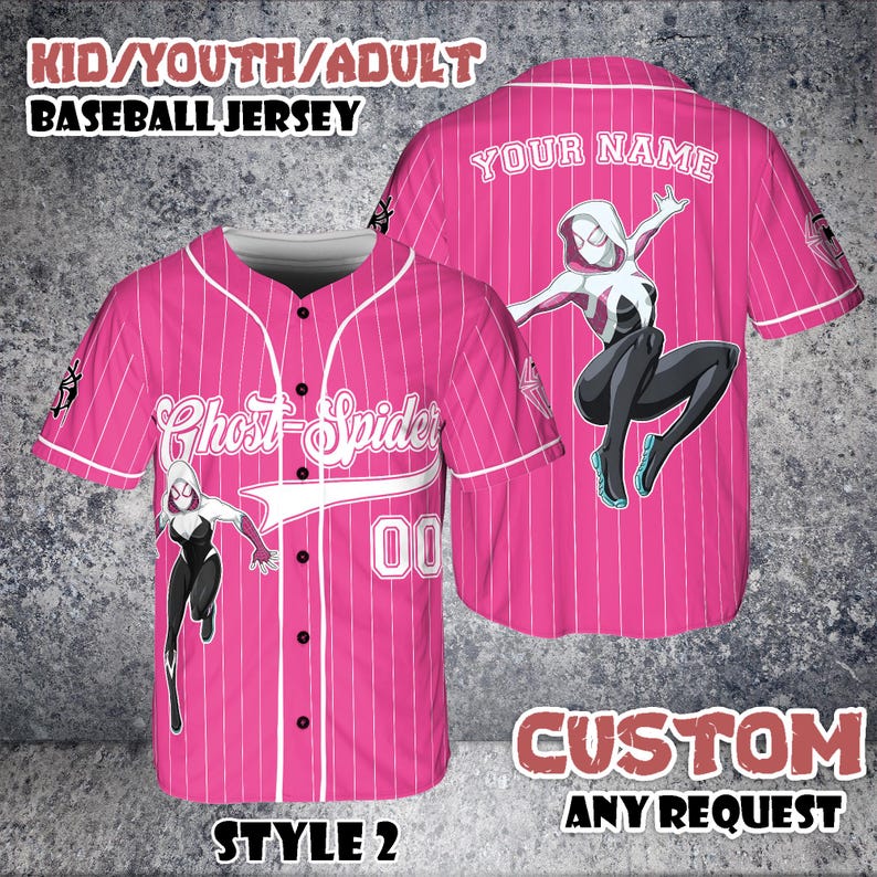 May include: Pink baseball jersey with white pinstripes, featuring a Ghost-Spider graphic. The front displays "Ghost-Spider" and the number "00". The back has a large graphic and space for a name. The text "KID/YOUTH/ADULT BASEBALL JERSEY" is at the top.
