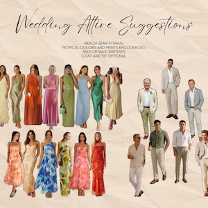 Wedding Attire Guide Template, Beach Semi Formal Dress Code, Editable Wedding Website Graphic, Tropical Wedding Attire Suggestions Template