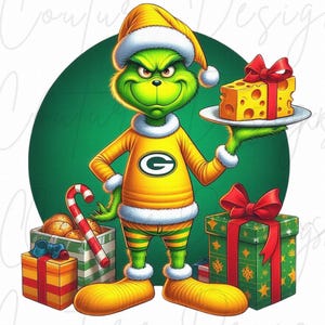May include: A green Grinch wearing a Santa hat and a yellow and green jersey with a green "G" on the front. He is holding a plate of cheese and is surrounded by Christmas presents.
