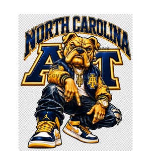 Puede incluir: Una ilustración gráfica de un bulldog con una chaqueta universitaria azul y amarilla, jeans y zapatillas. El bulldog está agachado frente a un gran texto azul y dorado que dice NORTH CAROLINA A&T. El diseño incluye cadenas, anillos y un reloj de oro.