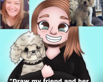 May include: A digital illustration of a woman with brown hair holding a small white dog. The woman is smiling and has large eyes. The dog is looking at the viewer. The text "Draw my friend and her dog" is written below the image.