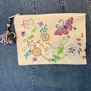 Canvas Bag, Zipper Top, Embroidered Bag, OOAK, Cosmetic Bag, Storage Bag, Jewelry Bag, Gift For Her.