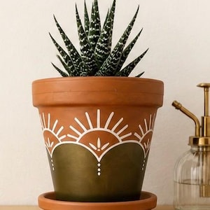 May include: A terracotta-colored ceramic flower pot with a hand-painted white sunburst design over a dark green base. The pot holds a succulent plant with dark green, pointed leaves. A small, matching saucer sits beneath the pot.