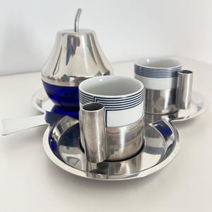 1970s Italian vintage Coffee Set by Morinox - Monopoli, Clover Tray, Steel & Ceramic, 2-Person