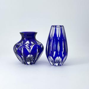Vintage Cobalt Blue Glass Vases – Hand-Carved, Round Shapes, Heavy Glass, Germany, 1960s, Mid-Century Modern Home Decor