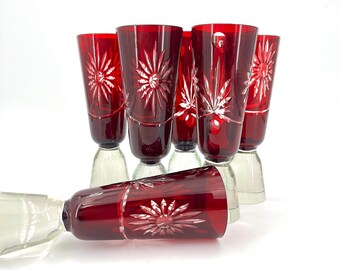 Vintage Art Deco Ruby Glasses - Set of 6 Engraved Bohemian Flashed Glass
