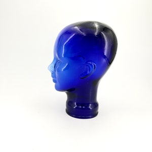 Vintage Cobalt Blue Glass Mannequin Head – 1970s Hat Stand & Jewelry Display – Wigs Accessories Holder