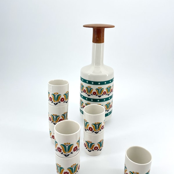 Liqueur ceramic bottle + 8 glasses, by H. Krügel, Germany, 1960