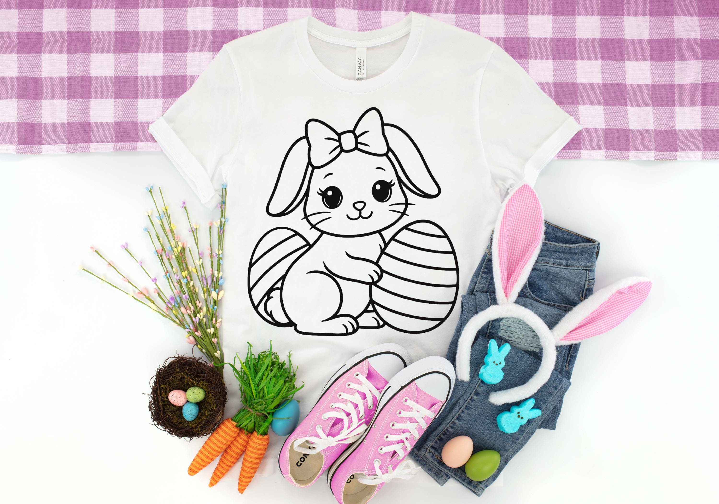 Easter Bunny SVG - Cute Outline Rabbit With Eggs - Kawaii Bunny Clipart ...