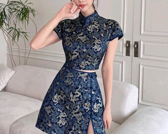 Chinese Dragon Print Qipao Collar Top And Skirt Set, Qipao Dress