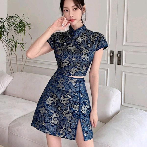 Chinese Dragon Print Qipao Collar Top And Skirt Set, Qipao Dress