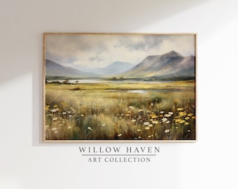 Pintura al óleo de paisaje de prado vintage: Arte mural rústico imprimible (descarga digital)