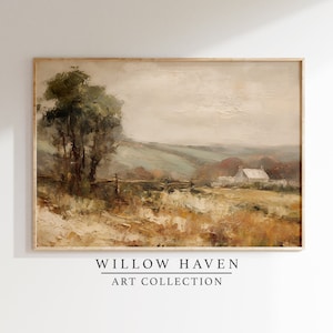 English Countryside Oil Painting | Printable Vintage Landscape Art | Farmhouse Wall Art | Rustic Country Home Decor, Neutral Tones Art Print