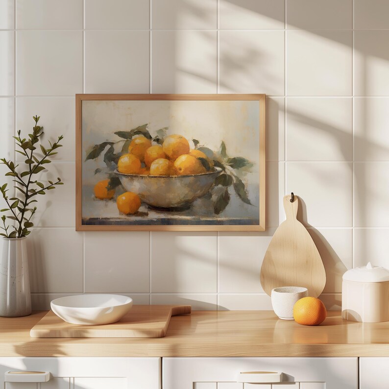 Orangen in einer Schüssel Druck, DRUCKBARE Zitrus Stillleben Kunstdruck, Vintage Obstschale Druck, Rustikale Land Küche Ölgemälde, Küchen Druck Bild 4
