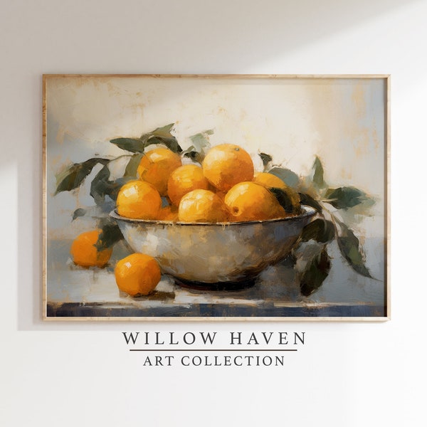 Vintage Oranges in a Bowl Oil Painting Art Print | Rustic Country Kitchen Printable | Orange Aesthetic | Farmhouse Digital Art | Fruit Bowl