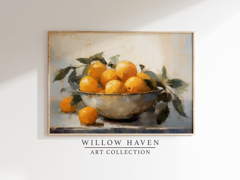 Orangen in einer Schüssel Druck, DRUCKBARE Zitrus Stillleben Kunstdruck, Vintage Obstschale Druck, Rustikale Land Küche Ölgemälde, Küchen Druck Bild 1