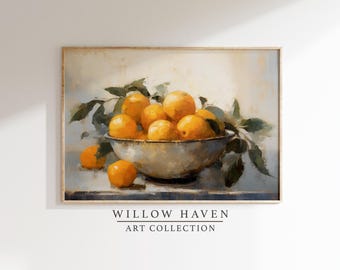 Oranges in a Bowl Print, Citrus Still Life Art Print, Vintage Fruit Bowl Print, Rustic Country Kitchen Oil Painting, Kitchen Print