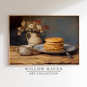 Rustic Breakfast Still Life Print | Stacked Pancakes Print | Country Kitchen Print | Breakfast Wall Art | Vintage Food Print