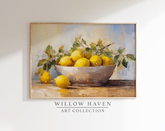 Vintage Zitronen in der Schüssel Ölgemälde Kunstdruck | Rustikale Landhaus Küche Printable | Gelb Ästhetische | Bauernhaus Digitale Kunst | Obstschale