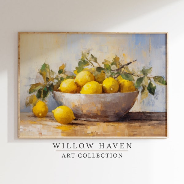 Vintage Lemons in a Bowl Oil Painting Art Print | Rustic Country Kitchen Printable | Yellow Aesthetic | Farmhouse Digital Art | Fruit Bowl