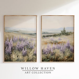 Wildflower Field Painting Art Print (Set of 2 Prints) | Vintage Lupine Flower Meadow Printable Painting | Whimsical Wall Art Gallery Set