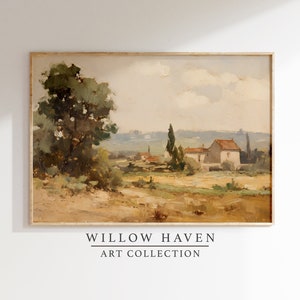 Vintage Country Farmhouse Oil Painting Art Print | Muted Rustic Landscape Printable | Neutral Countryside Wall Art