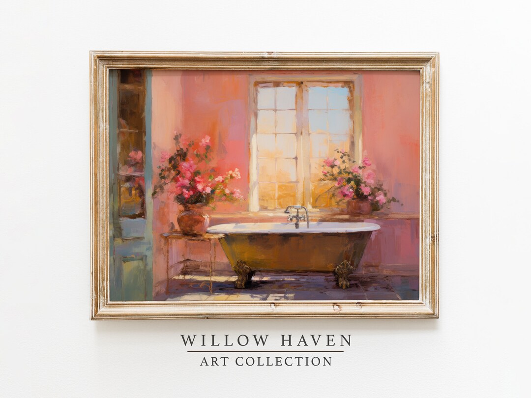 Vintage Pink Bathroom Art Print | Pink Bathroom Aesthetic Wall Art ...